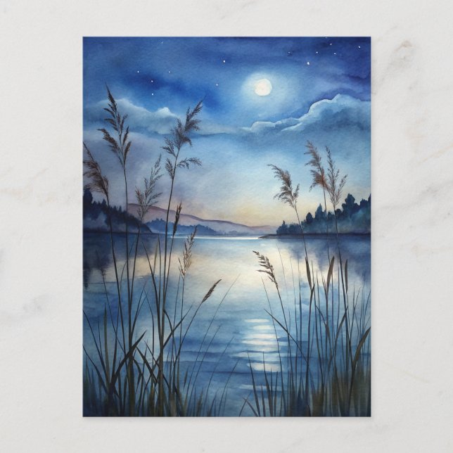 Nighttime Starry Sky Moonlit Lake Peaceful Postcard (Front)