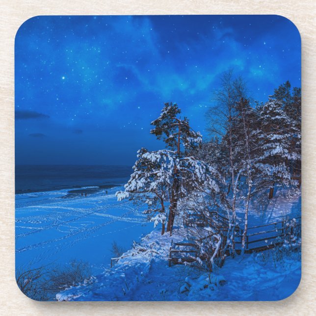 Nighttime winter scene with snow covered pines coaster (Front)
