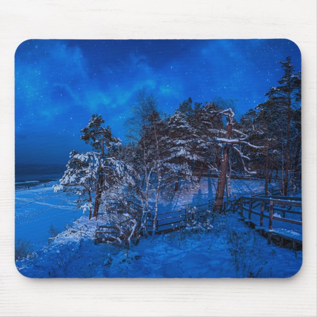 Nighttime winter scene with snow covered pines mouse pad (Front)