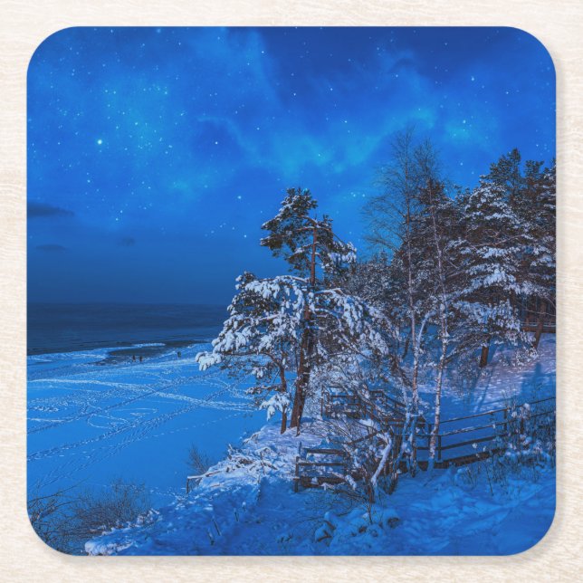 Nighttime winter scene with snow covered pines square paper coaster (Front)