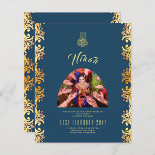 NIKAH Blue Gold PHOTO Wedding Invitation