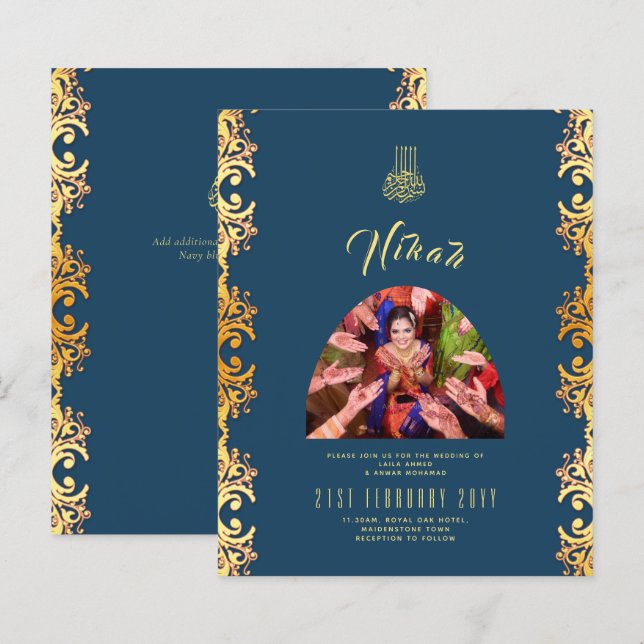 NIKAH Blue Gold PHOTO Wedding Invitation (Front/Back)