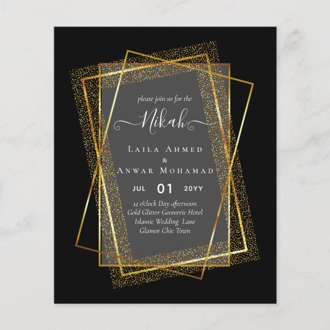 NIKAH - BUDGET Invites - GOLD Glitter Frame Flyer (Front)