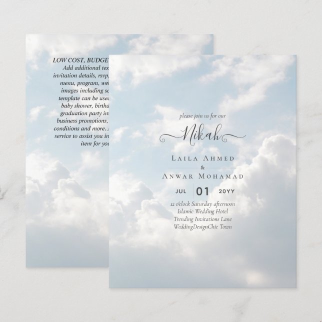 NIKAH - Budget Islamic Wedding Invitations Custom (Front/Back)