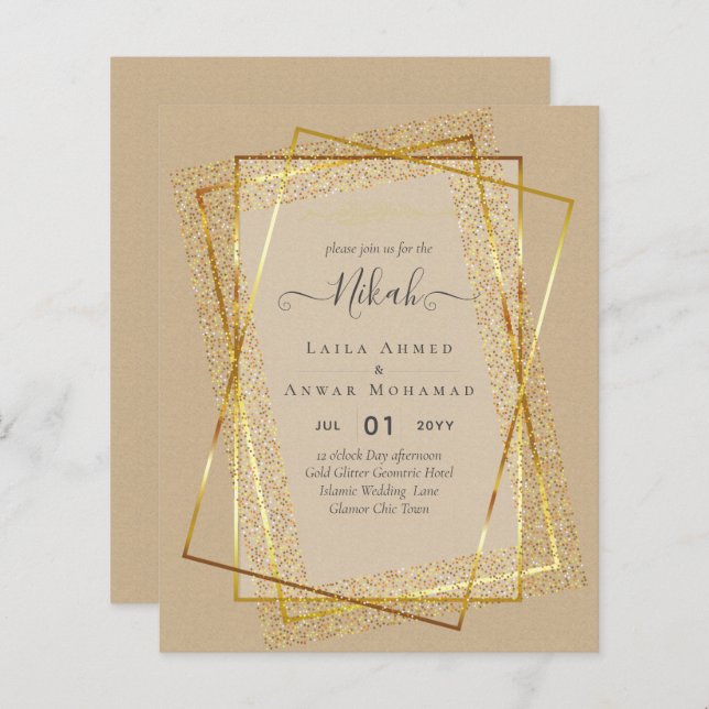 NIKAH Gold Frame Bismillah Islamic Wedding Invites (Front/Back)