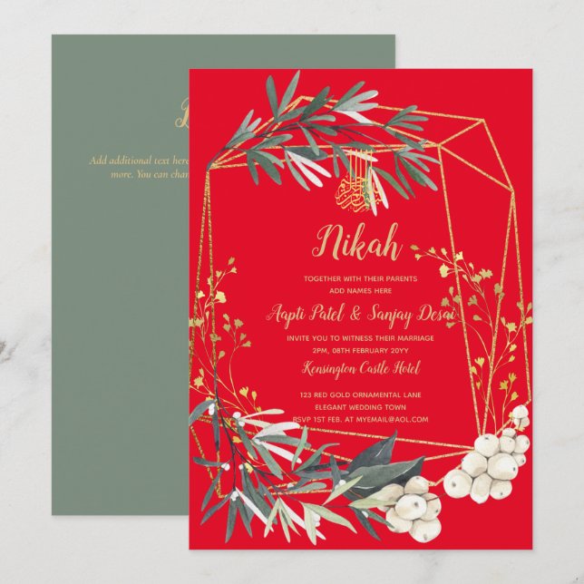 Nikah - Gold Greenery Islamic Motif Wedding Invite (Front/Back)