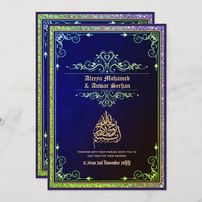 NIKAH - islamic Wedding Calligraphy Blue Gold Invitation (Front/Back)