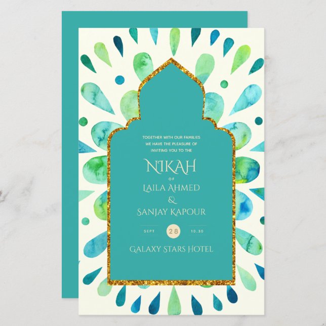NIKAH - Modern Mandala Turquoise Gold Wedding Invi (Front/Back)