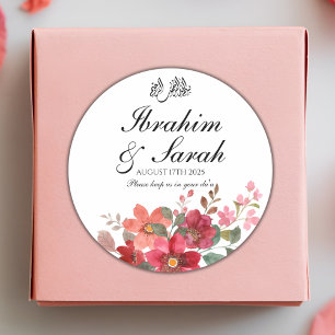 Nikah Muslim Wedding Favor Red Floral Classic Round Sticker