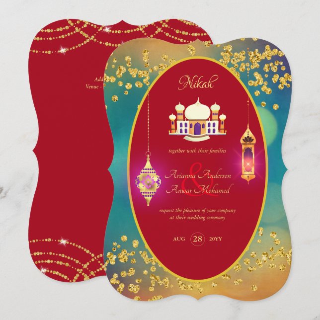 NIKAH - Ornate Mosque Red Gold Wedding Invitation (Front/Back)