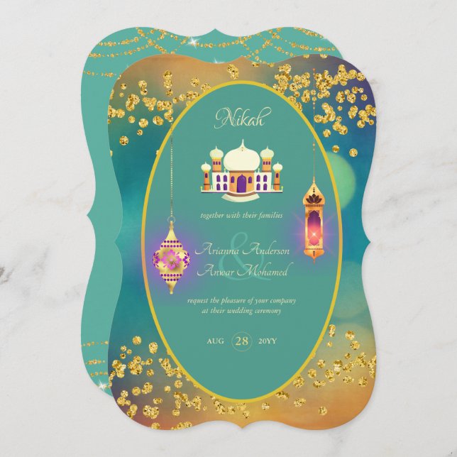 NIKAH - Ornate Mosque Teal Gold Wedding Invitation (Front/Back)
