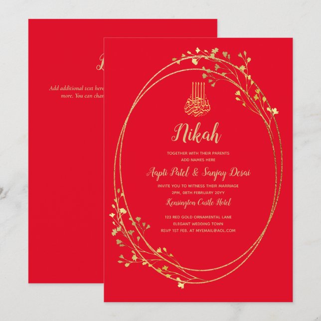 Nikah Red Gold Islamic Motif Wedding Invite (Front/Back)