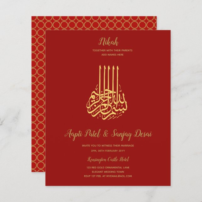 Nikah - Red Gold Islamic Motif Wedding Invites (Front/Back)