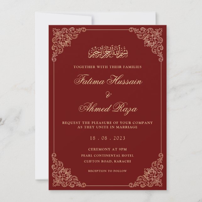 Nikah Red Gold Islamic Muslim Wedding Invitation (Front)