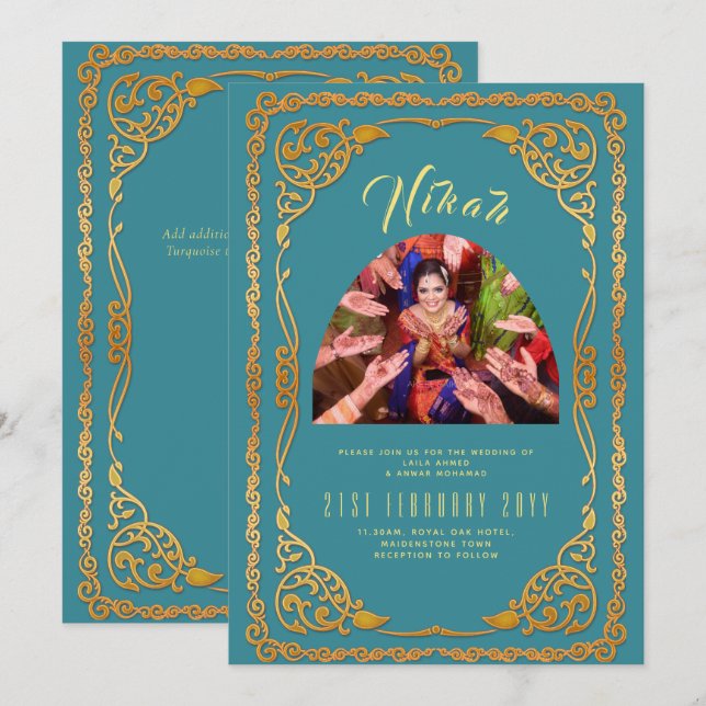 NIKAH Teal Gold PHOTO Islamic Wedding Invitation (Front/Back)