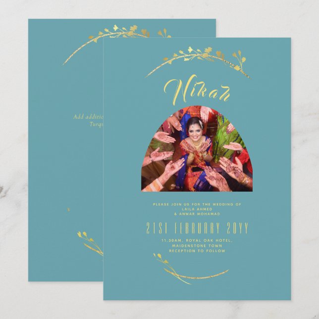 NIKAH Teal Gold PHOTO Islamic Wedding Invitation (Front/Back)