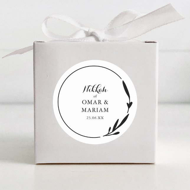 Nikkah Elegant Black & White Botanical Quote Classic Round Sticker (Creator Uploaded)