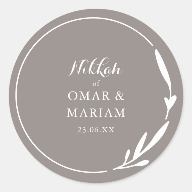 Nikkah Elegant Pecan Botanical Quote Classic Round Sticker (Front)