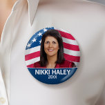 Nikki Haley - Campaign Photo with American Flag 6 Cm Round Badge<br><div class="desc">A classic design featuring a picture of Nikki Haley over a waving USA flag. The year can be changed to a tag line or position. A classic campaign design for a presidential election.</div>