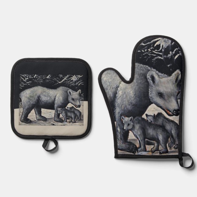 Niko Pirosmani - White Bear with Cubs Oven Mitt & Pot Holder Set (Front)