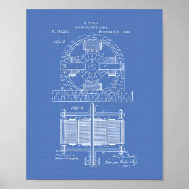 Nikola Tesla 1888 Patent Art - Blueprint Poster (Front)
