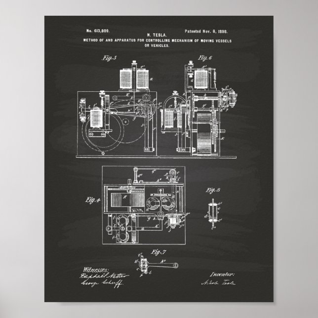 Nikola Tesla 1898 Patent Art - Chalkboard Poster (Front)
