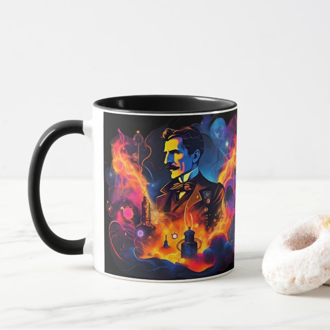 Nikola Tesla Electrifying Genius Neon Pop Art Mug (With Donut)