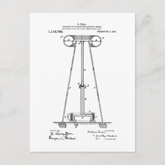 Nikola Tesla Energy Transmission Pantent US1119732 Postcard (Front)