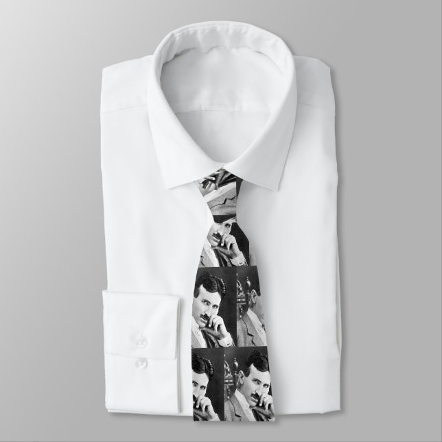 Nikola Tesla Portrait Pattern Tie (Tied)