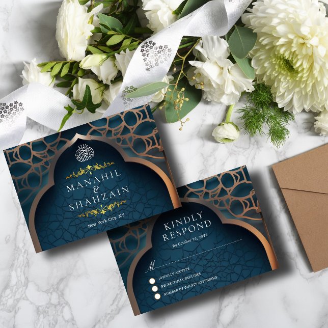 Nile Blue Islamic 3D Arch Elegant Muslim Wedding RSVP Card (Creator Uploaded)