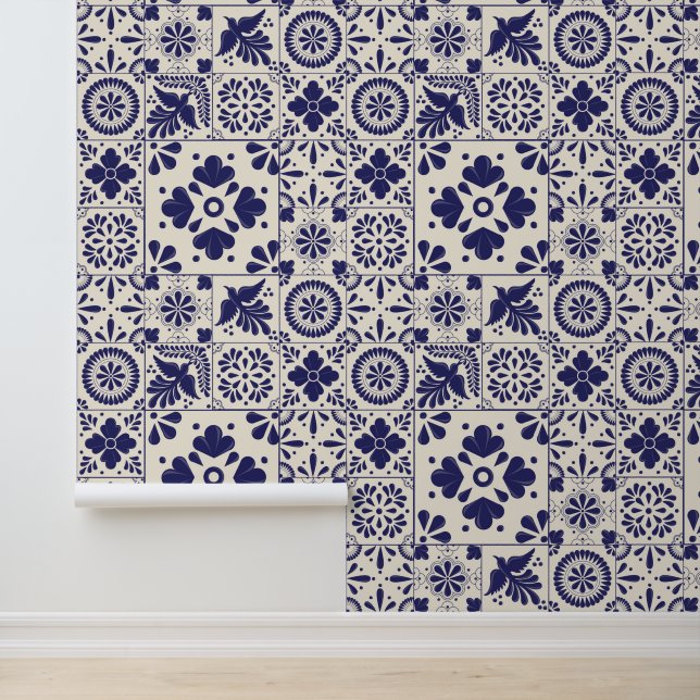 Nile Blue Linen Mexican Traditional Talavera Tiles Wallpaper (Application)