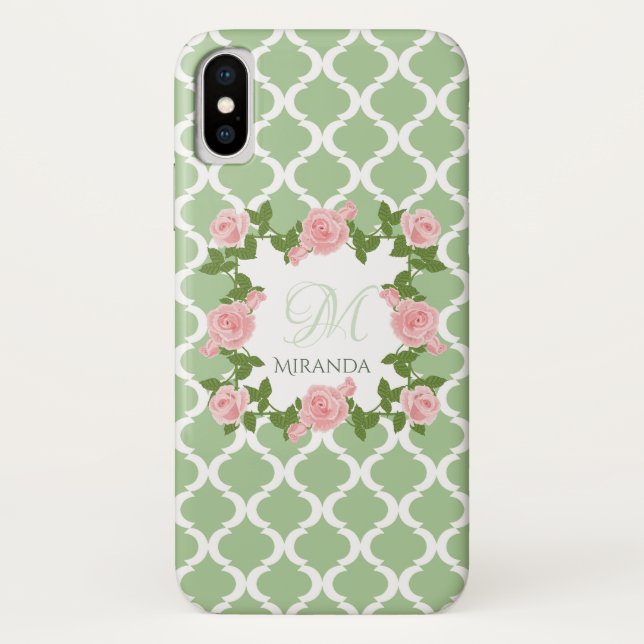 Nile Green Quatrefoil Pink Rose Monogram With Name Case-Mate iPhone Case (Back)
