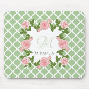 Nile Green Quatrefoil Pink Rose Monogram With Name Mouse Pad