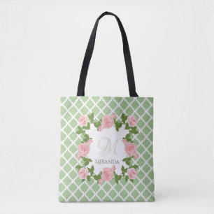 Nile Green Quatrefoil Pink Rose Monogram With Name Tote Bag