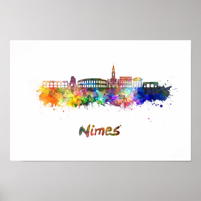 Nimes skyline in watercolor poster (Front)