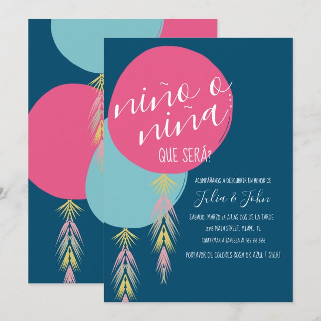 Nina o Nino Gender Reveal Tassel  Balloon  Navy Invitation (Front/Back)