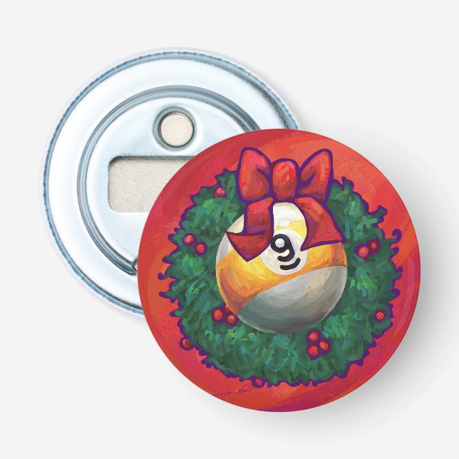Nine Ball in Christmas Wreath on Red Bottle Opener (Front)
