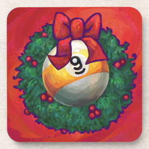 Nine Ball in Christmas Wreath on Red Coaster