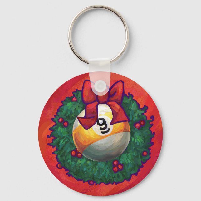 Nine Ball in Christmas Wreath on Red Key Ring (Front)
