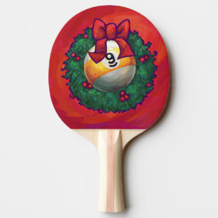 Nine Ball in Christmas Wreath on Red Ping Pong Paddle