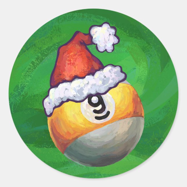 Nine Ball in Santa Hat on Green Classic Round Sticker (Front)