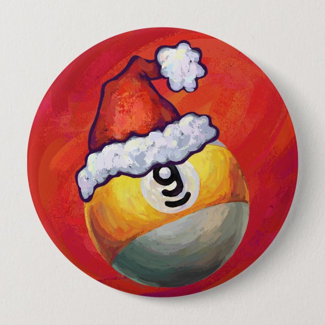 Nine Ball in Santa Hat on Red 10 Cm Round Badge (Front)