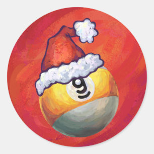 Nine Ball in Santa Hat on Red Classic Round Sticker