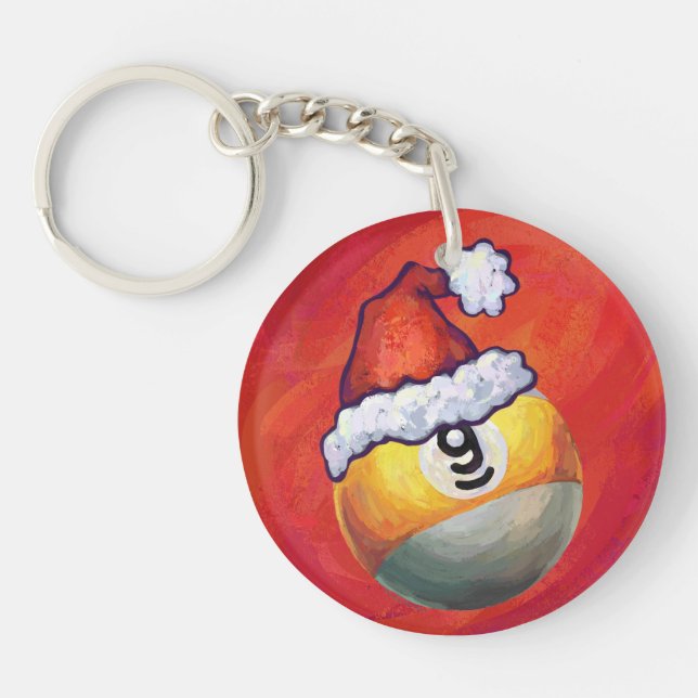 Nine Ball in Santa Hat on Red Key Ring (Front)