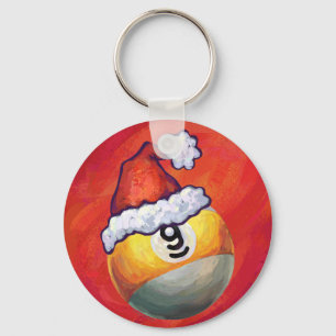 Nine Ball in Santa Hat on Red Key Ring