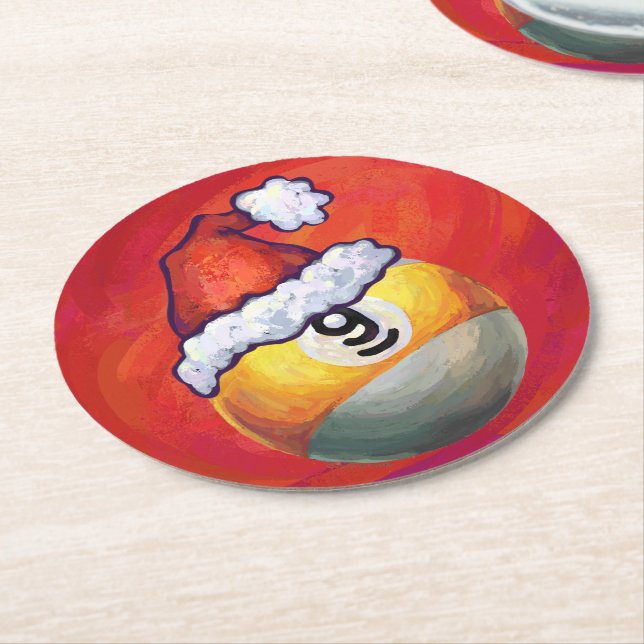 Nine Ball in Santa Hat on Red Round Paper Coaster (Angled)