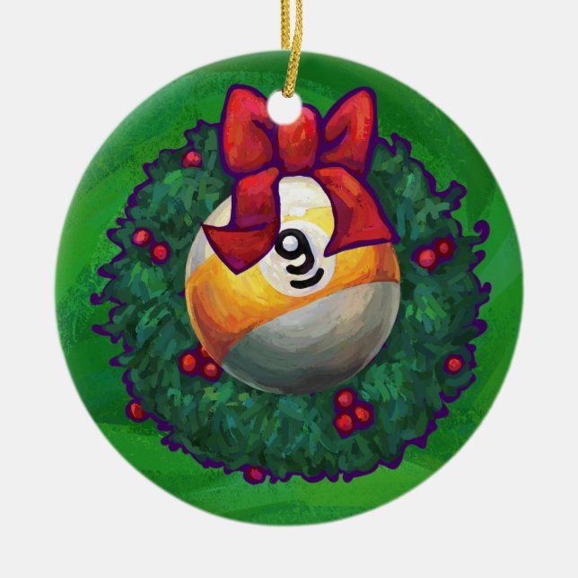 Nine Ball in Wreath on Green Ceramic Tree Decoration (Front)