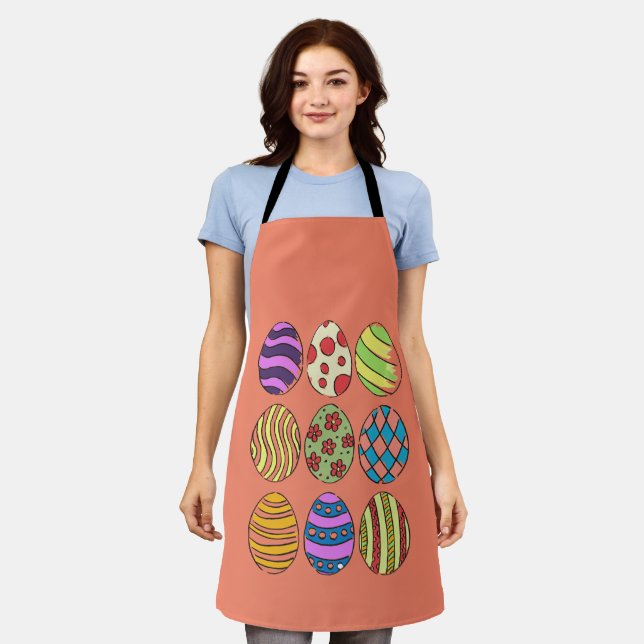 Nine colourful Easter Eggs on All-Over Print Apron (Worn)