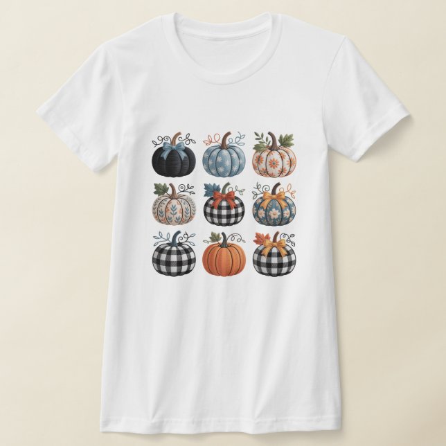 Nine Decorative Pumpkins Embroidery T-Shirt  (Laydown)