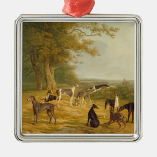 Nine Greyhounds in a Landscape (oil on canvas) Metal Tree Decoration